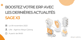 Boostez votre ERP avec les dernières actualités Sage X3 en participant à notre événement le 09 novembre prochain à Lille. Visuel pour l'événement Sage X3 à Lille