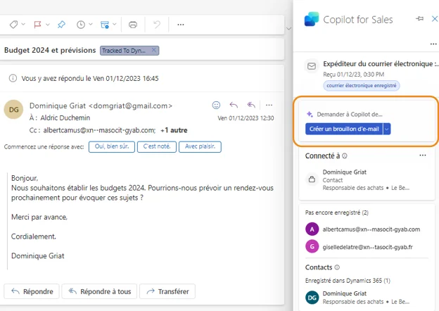 Screen cas usage copilot brouillon mail
